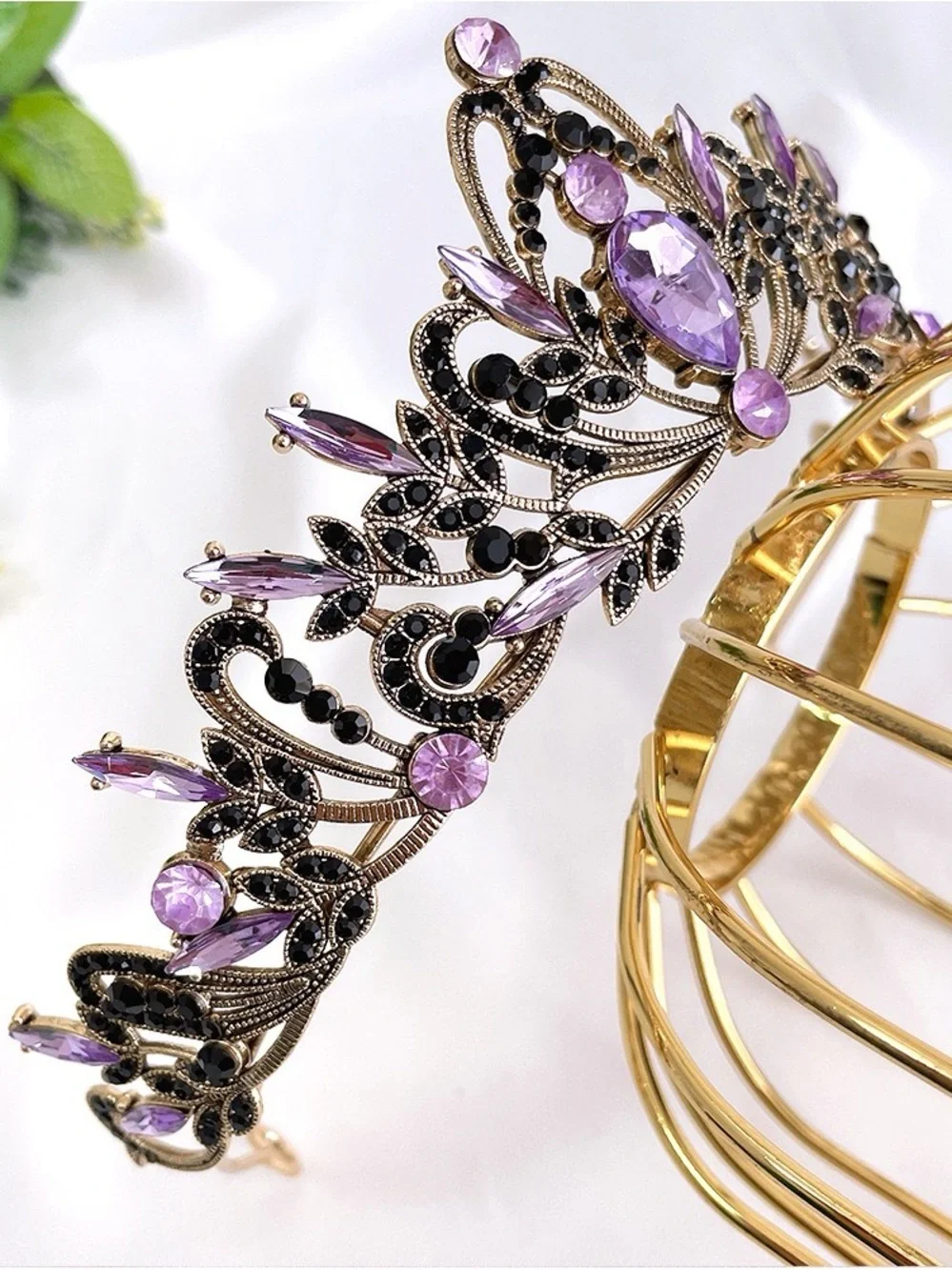 Gold Filigree Tiara Headband with Purple Crystals - Women's Hair Accessory
